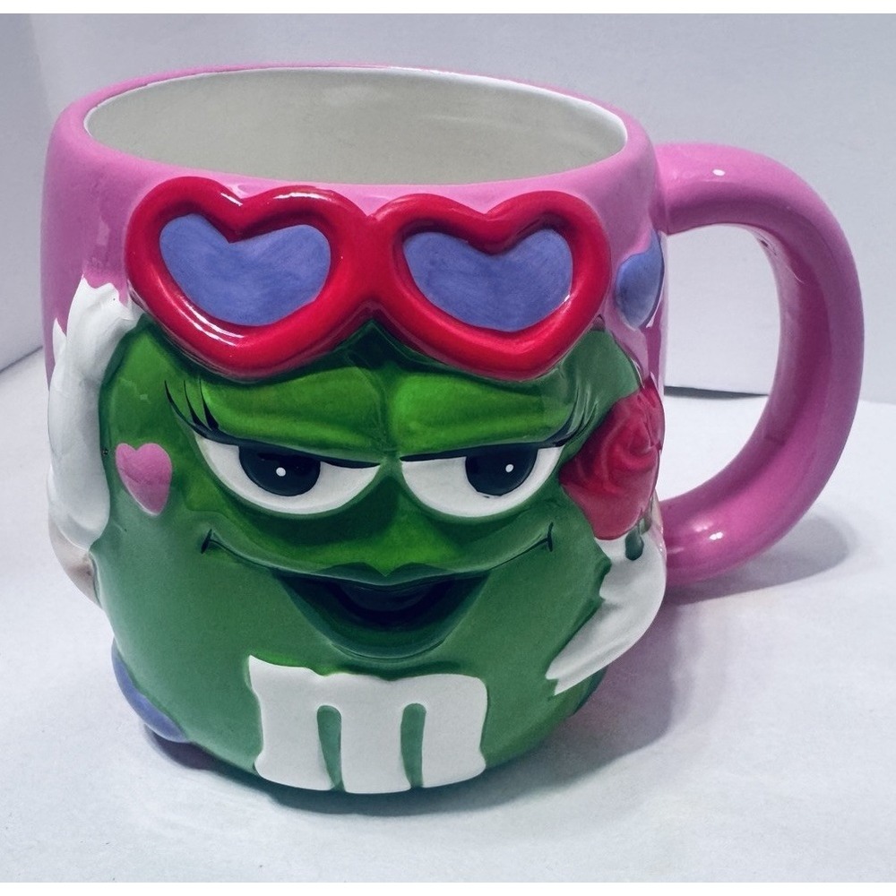 M&M's Candy Green Character Pink Valentine Mug - 2003 Gallerie Chocolate